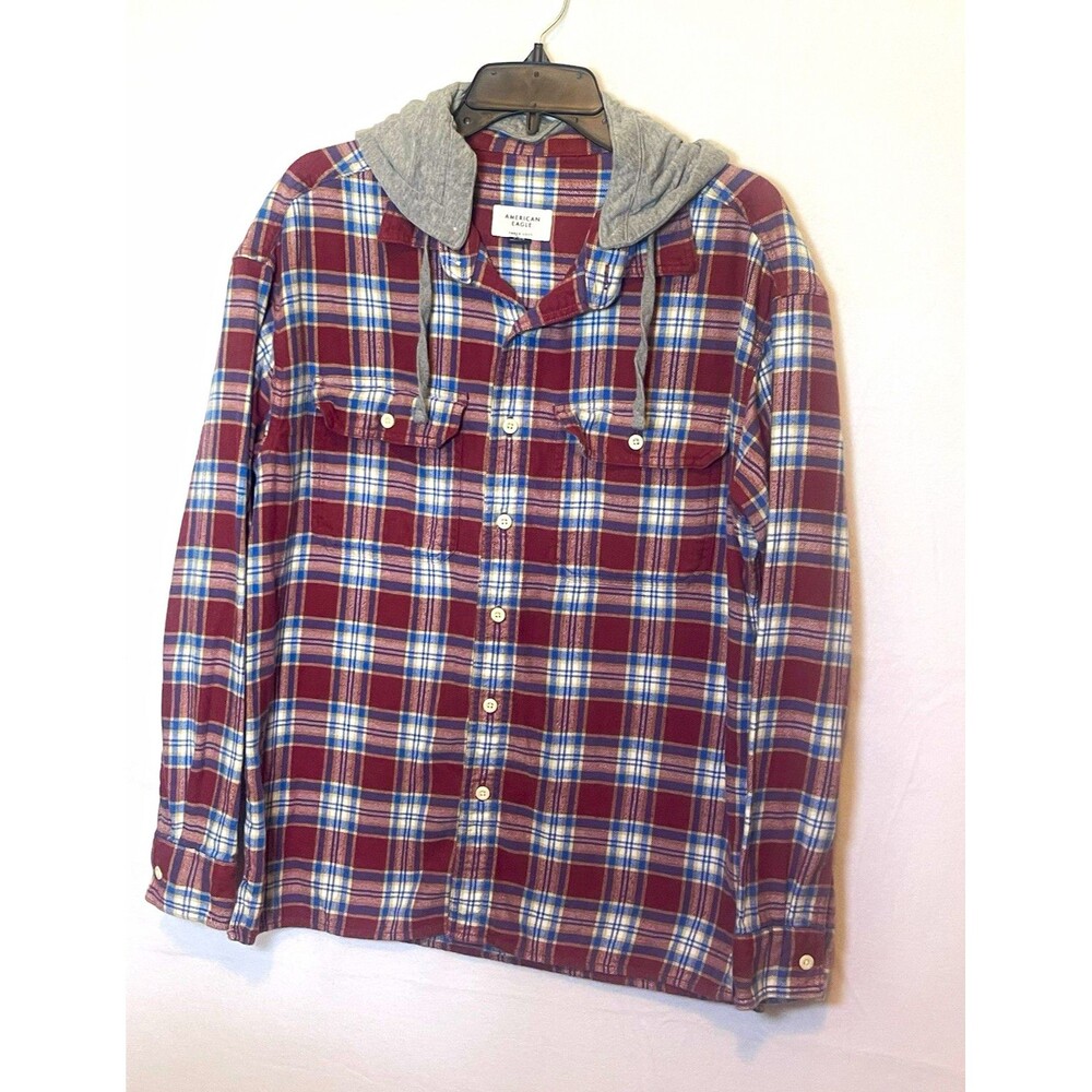 American Eagle Soft Men's M Burgundy/Blue Plaid w/ Detachable Hood Button-Up